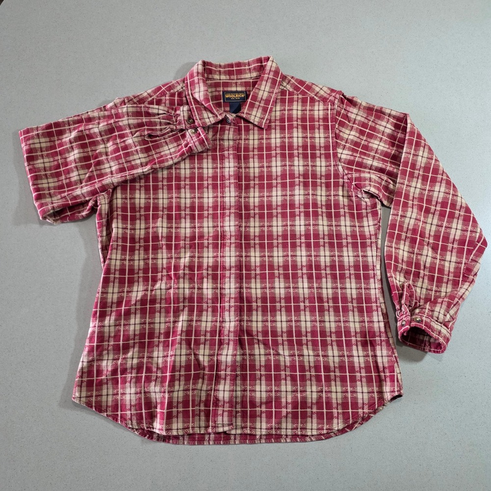Woolrich John Rich & Bros Mens Red Tan Plaid Button Down Shirt Long Sleeve L